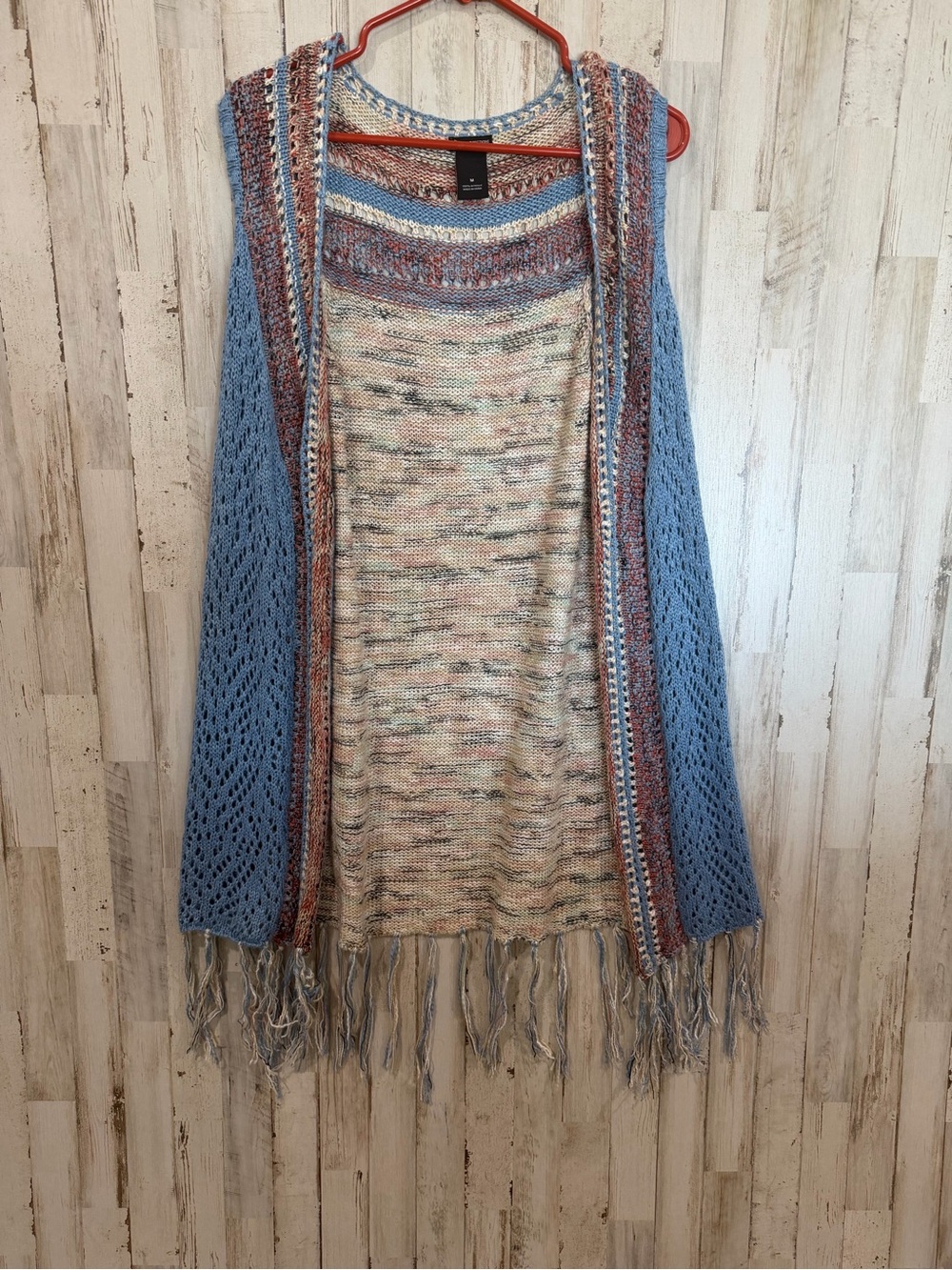 new directions Multicolor Knit Fringe Open Cardigan - B lue/Tan/Pink medium